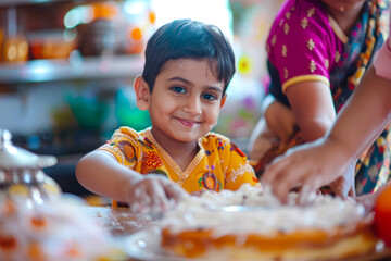 An Indian boy baking a special anniversary cake for his parents, adding sweetness to their celebration with his culinary skills and heartfelt gesture