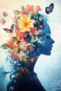Schmetterlinge umkreisen Frauensilhouette mit Bl&uuml;ten