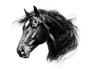 Black horse portrait, windswept mane, white background, art print