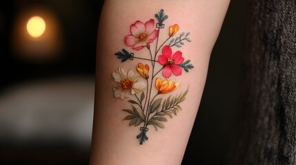 A delicate watercolor floral tattoo design adorns a woman's forearm showcasing cosmos flowers and artistic lines.