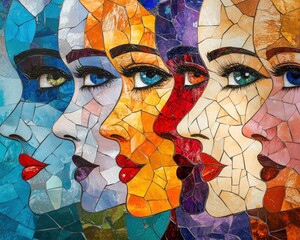 Farbintensive Mosaikdarstellung weiblicher Gesichter