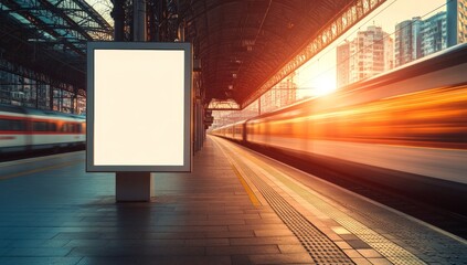 Empty billboard at a bustling train station at sunset