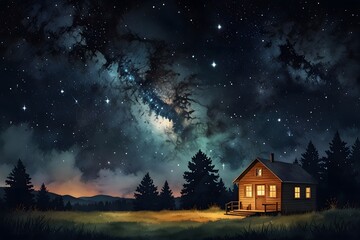 Knoll stargazing night in watercolor style