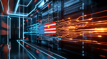 Technological rivalry usa vs china digital landscape futuristic environment data flow perspective