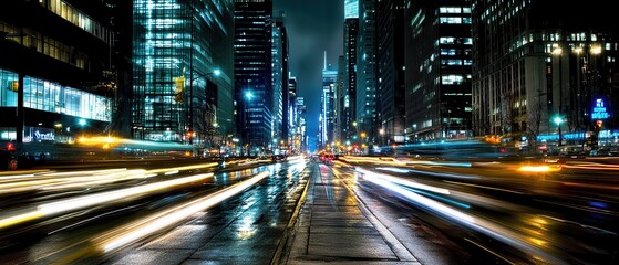 Night City Street, Traffic, Skyscrapers, Rain, Background