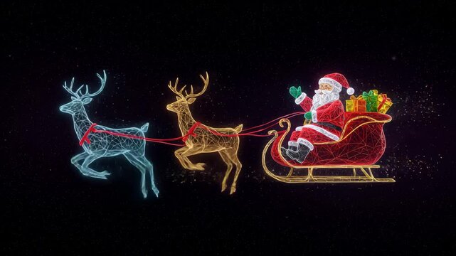 AI Generated Animation Abstract Polygonal Neon Style  Santa Claus Sleigh With Reindeer