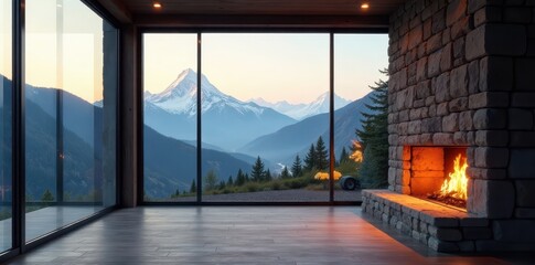 Stone fireplace, large windows showcase mountain panorama , rug, cabin interior, home decor