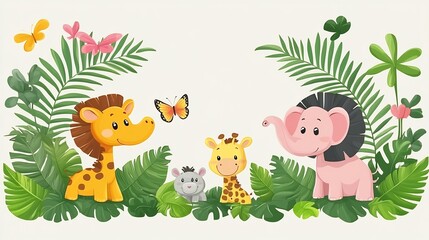 Cute Jungle Animals with Kids, Cartoon, and Illustration.