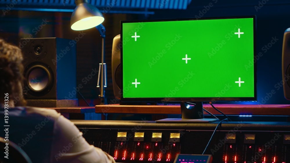 Poster Audio expert editing tracks by following online lesson on greenscreen pc, mixing new tunes together to create a song. Sound engineer working in control room to record and process music. Camera A.