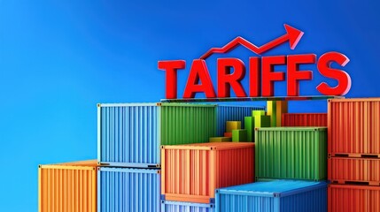 3D word TARIFFS placed on colorful containers with arrow up shows growing Import tariffs, trade tension, and rising Tariff rates in Tariffs Tax