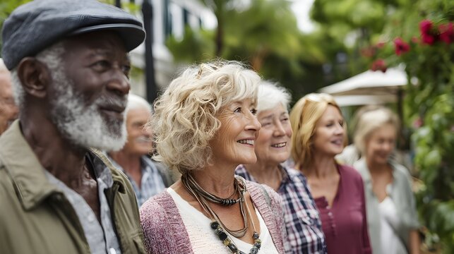 A diverse group of happy senior citizens stand together outdoors enjoying a sunny day in a friendly neighborhood setting.