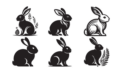  Bunny silhouette rabbit vector art easter icon set on white background. Animal silhouette collection for easter day