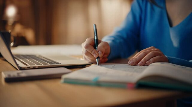 Business manager studying online browsing educational material on laptop closeup