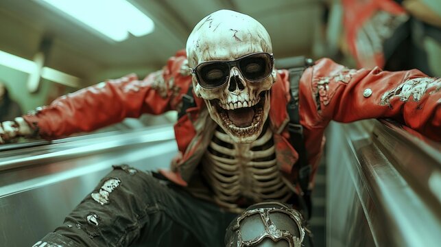 A skeleton wearing roller skates, moonwalking on an escalator