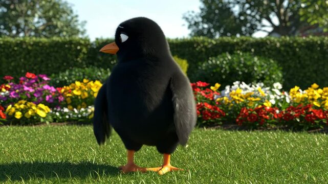 Charming Black Animated Bird Interacting Playfully in a Colorful Garden Full of Blooms