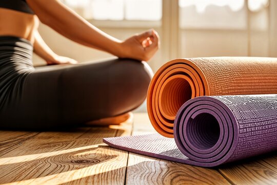 closeup view of yoga mat concept and woman on background primer plano de la estera de yoga concepto y la mujer en el fondo