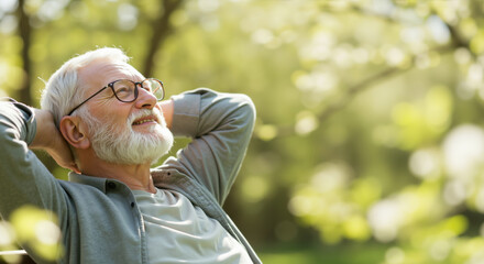 Senior man with glasses looking up with hands behind head. Peaceful outdoor recreation and retirement lifestyle for elderly mental wellbeing