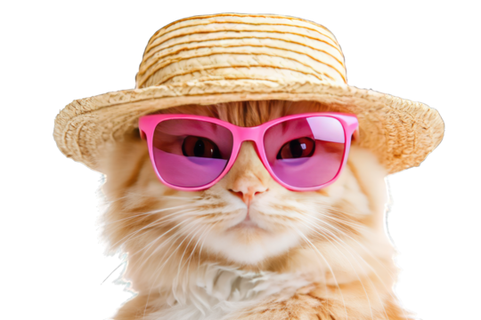 a playful cat wearing a straw hat and pink sunglasses exuding a fun and relaxed vibe. whimsical personality of the pet perfect for social media sharing or as a light-hearted greeting card