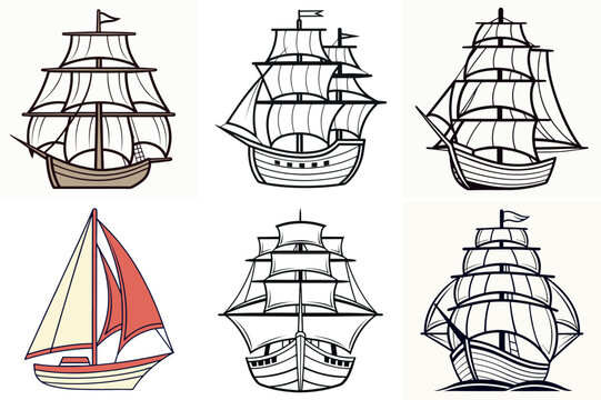Collection of Six Different Vintage Sailing vector illustration Ships Illustrations Various Styles and Designs