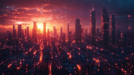 Fototapeta premium Futuristic Cityscape at Sunset: A Digital Metropolis