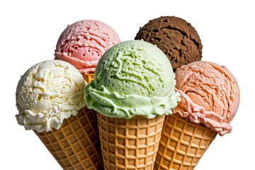 ice cream concept colorful scoop on waffle cone on transparent background cutout png file many assorted different flavour mockup template for artwork design dondurma topları