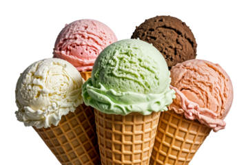 ice cream concept colorful scoop on waffle cone on transparent background cutout png file many assorted different flavour mockup template for artwork design dondurma topları