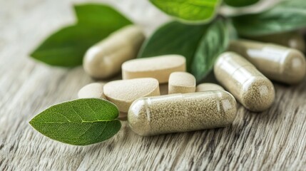 Natural herbal capsules and tablets arranged with fresh green leaves