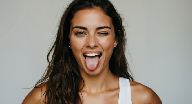 Playful woman winking and sticking her tongue out for joyful portraiture, perfect for expressing cheerful individuality, self-expression and humorous marketing campaigns