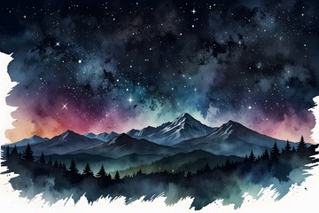 Starry night sky over a mountain landscape in watercolor style