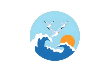 Fototapeta premium Waves and Seagulls in a Serene Coastal Landscape at Sunset