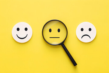 Customer Satisfaction Survey Analyzing Feedback With Magnifying Glass On Positive Neutral And Negative Faces