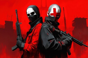 Obraz premium Two masked figures stand back-to-back, holding firearms against a striking red background, creating an intense and dramatic atmosphere.