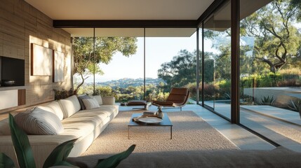 Obraz premium A spacious modern living room with stunning nature views