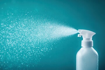 Spraying bottle with liquid on blue background