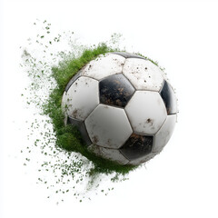 Dynamic soccer ball bursting with grass and soil, showcasing motion and energy in a sports-themed composition