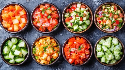 Colorful vegetable salad bowls with fresh tomatoes and cucumbers