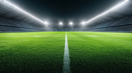 Obraz premium Illuminated Empty Sports Stadium with Lush Green Turf at Night