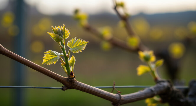 Young grape vine leaves sprouting on branch against blurred vineyard background. Wine growing concept for agriculture and viticulture industry