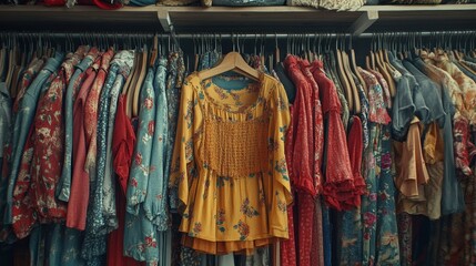 Vintage fashion collection with colorful floral patterns on display in a boutique closet