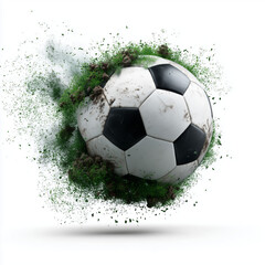 Naklejka premium Dynamic soccer ball bursting with soil and grass, showcasing energy and excitement in the sport's action