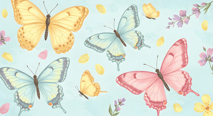 A blue background adorned with colorful butterflies and flowers, presenting a bright and lively vector illustration.