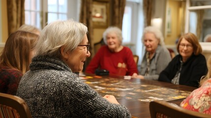 Senior women enjoy a lively board game session together in a comfortable and elegant setting showcasing genuine laughter and camaraderie.