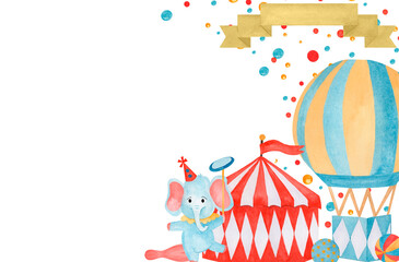 Template invitation or cards made watercolor circus tent with red and white stripes, balloon, garland and cartoon elephant juggler. For birthday greetings and flyers and packages of children's goods.