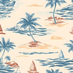Obraz premium Vintage Seamless Tropical Island Pattern With Sailboats and Palm Trees