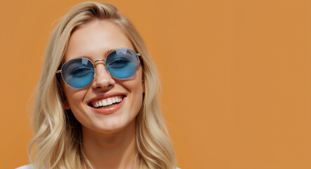 Fototapeta premium Smiling blonde woman with blue tinted sunglasses against orange background. Happy portrait with white teeth and metal frame eyewear. Beauty concept for summer accessories