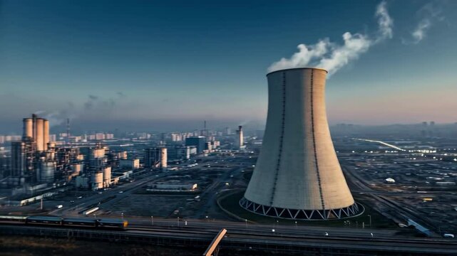 Aerial view of a power plant with large cooling towers emitting steam at sunrise, city skyline in background, illustrating energy generation, industrialization and environmental topics