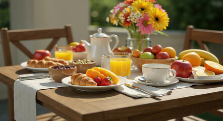 Outdoor breakfast table with fruits, pastries, and flowers. Healthy morning meal concept for nutrition and wellness lifestyle promotion