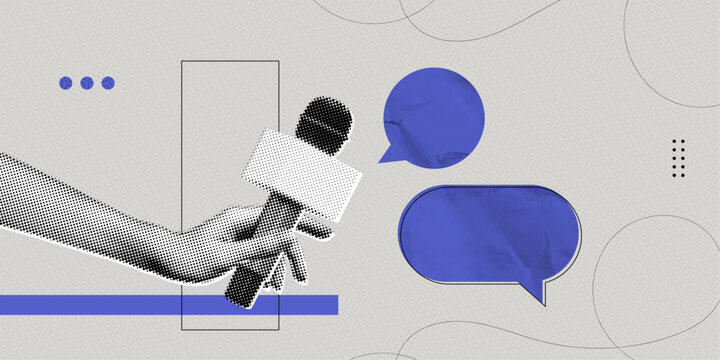 Trendy Halftone Collage Online Broadcasting concept. Hand with Microphone and Speech bubble message. Audio recording of interview. Talking in podcast. Contemporary vector illustration art