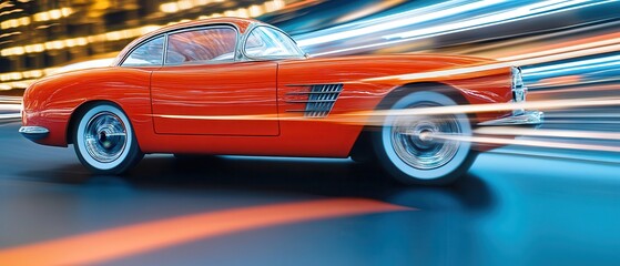 Obraz premium Red classic car speeding, city night