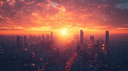 Fototapeta premium Sunset over futuristic urban skyline with abstract world map overlay